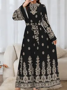 Luxurious Arabic Long Dress, Middle Eastern Style Sleeveless Maxi Dress, Elegant Floral Print, Loose Fit, Belt, Womenswear