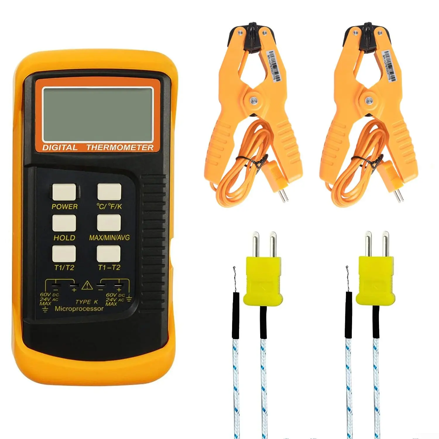 Digital Dual Channel K Type Thermocouple Thermometer (-50~1300°C), High Accuracy with 2 Thermocouple Sensor Probes & Pipe Clamp for Temperature Measurement