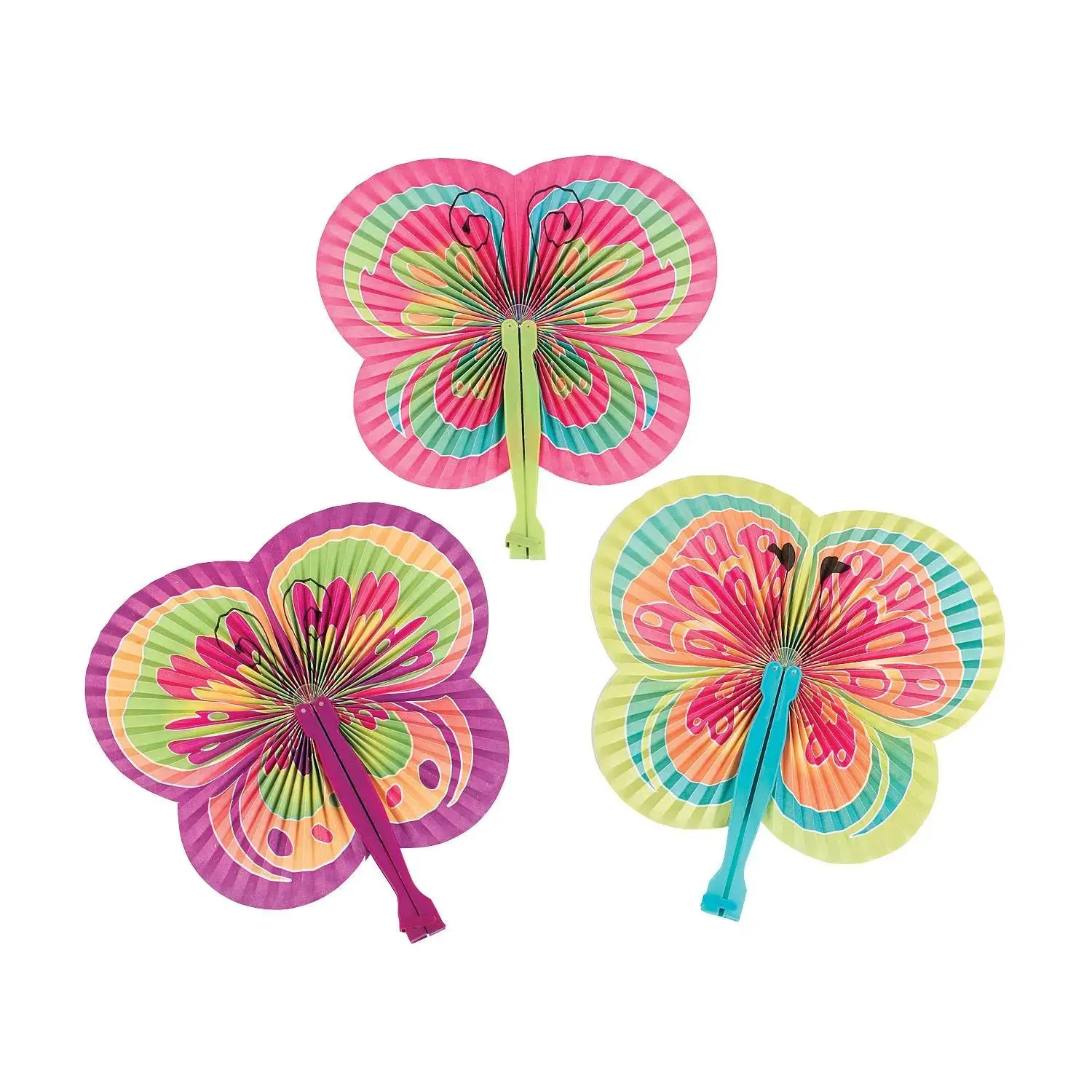 9 1/2" Bright Color Butterfly-Shaped Folding Paper Hand Fans – 12 Pc.