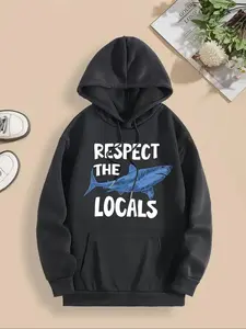 【Plus Size】 Shark & Letter Print Drop Shoulder Hoodie, Fashion Casual Drawstring Pocket Hooded Sweatshirt for Daily Holiday Outdoor Wear, Women Clothing for Fall & Winter