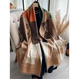 Boho Style Colorful Horse & Plaid Pattern Shawl, Casual Soft Warm Long Scarf for Fall & Winter, Fashion Accessories for Women & Men