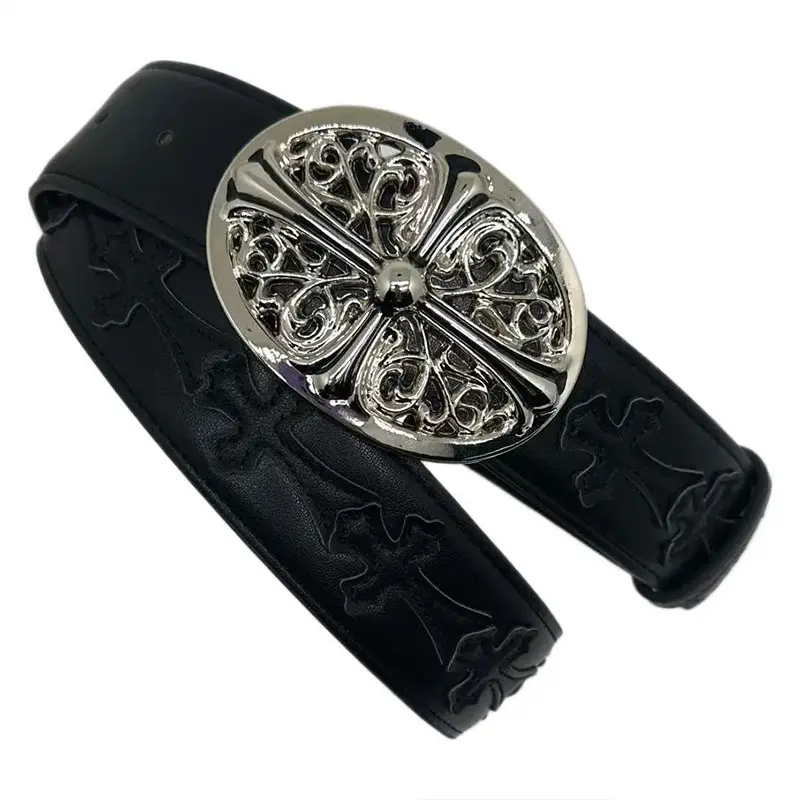 Men's Genuine Leather Belt with Silver Oval Gothic Cross Buckle, Black Cowhide Belt, Punk Biker Streetwear Waist Belt, Vintage Floral Cross Studded Belt for Jeans Casual Outfit