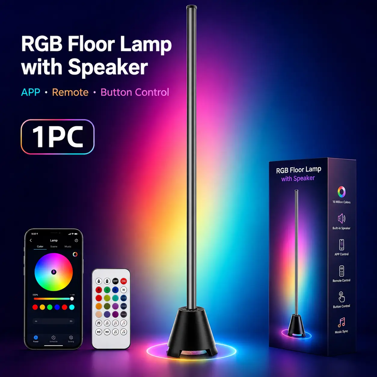RGBIC Floor Lamp with Bluetooth Speaker, APP Remote Controlled Music Sync LED Corner Light