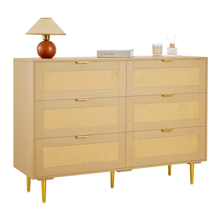 【Summerfinds】6-Drawer Wicker Dresser - Furniture Storage Chest with Double Wood Construction, Metal Handles, Anti-Tip Legs, Sliding Rails, Airflow Design, Vertical Bedroom Clothing Organizer for Living Roomdealsforyoudays