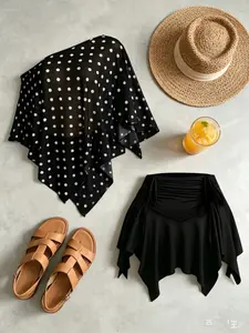 American Style Plus Size Women's Asymmetrical Shoulder Polka Dot Skirt, Conceals Fat, Irregular Hem, Summer Fashion Two-Piece Set