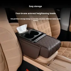 2025 New Model High-End Car Storage Box with Cup Holder and Tissue Dispenser, Central 4-in-1 Armrest Cushion with Interior Organizer and Height-Adjustable Storage Tray, Nappa Leather Waterproof Thickened Multifunctional Car Center Console Lift Pad