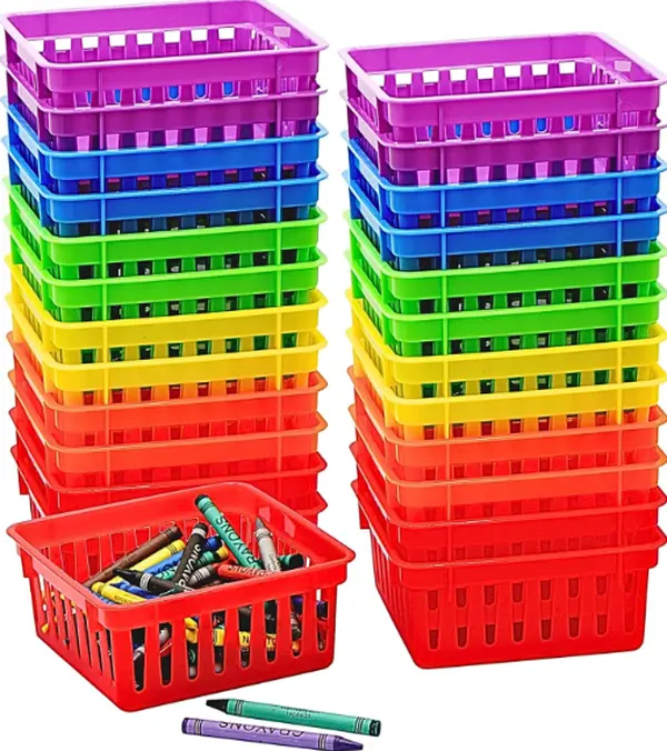 12 Pack Small Classroom Storage Baskets, Square 4.5" Sturdy Plastic Colorful Crayon & Pencil Container Organiser