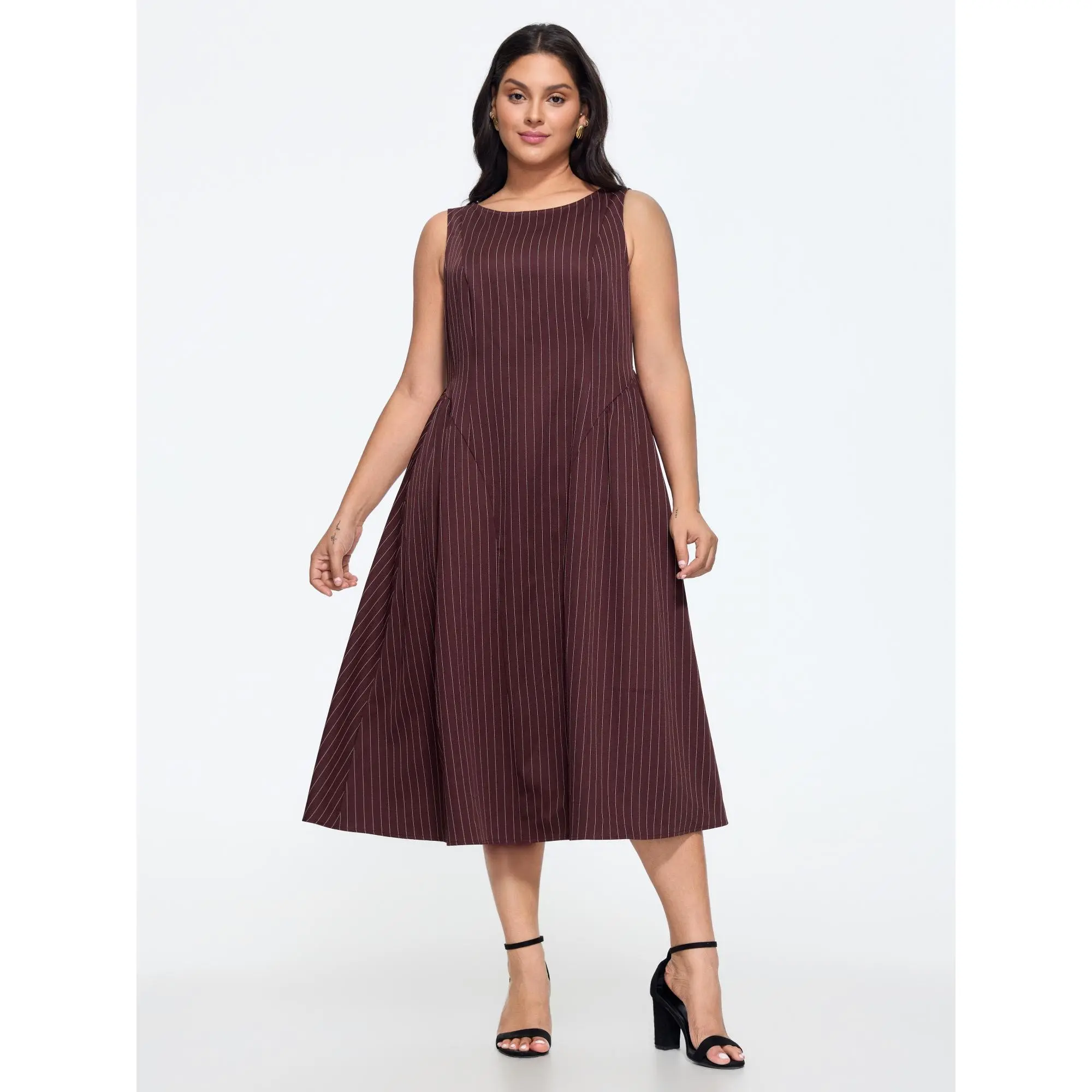 BloomChic Plus Size Pinstripe Print Round Neck Sleeveless Midi Dress[M-6X] Back To School,Spotlight Day