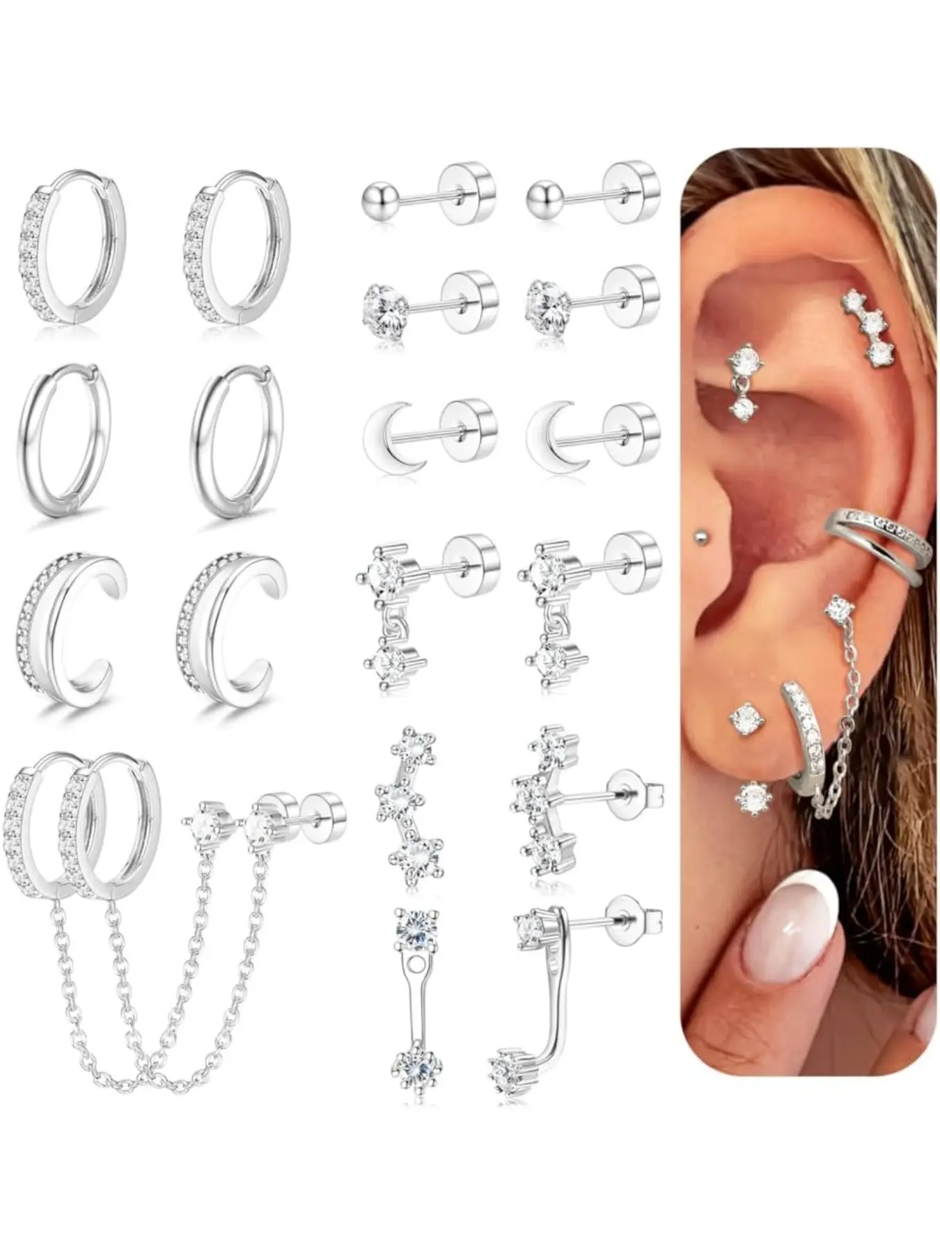10 Pairs Silvery Earrings for Women Men Hypoallergenic Surgical Stainless Steel Copper Flat Back Stud Earrings, Earrings for Multiple Piercings Daily Wear, Casual Earrings with flat backs