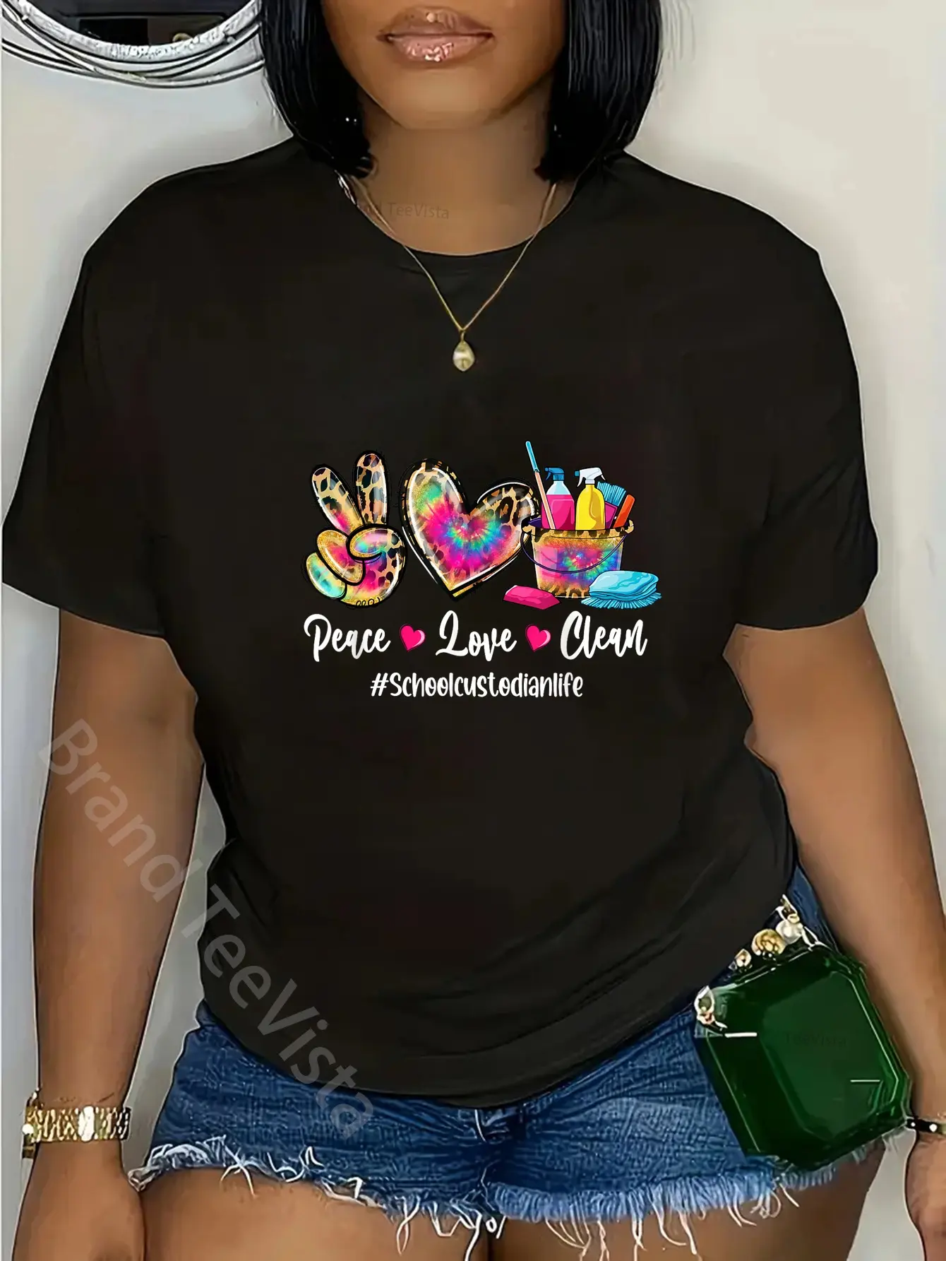 Men's Relaxed Fit T-Shirt, Vintage Distressed Tie-Dye with 'Peace Love Clean' Custodian Graphic, 100% Cotton Short-Sleeve Streetwear, Shortsleeve, Casual Wear
