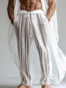 Men's Striped Long Pants Trouser, Fashionable Transparent Fabric Design, Belted Pleated Detailing, Perfect for Party, All Season Wear