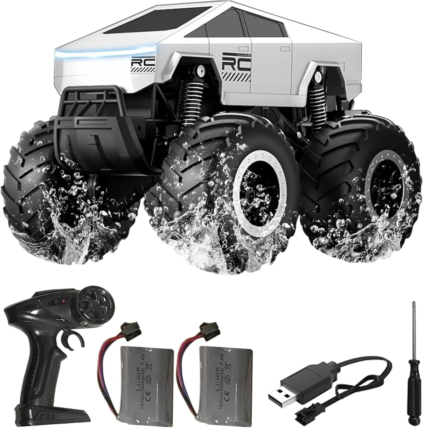 1:16 Scale 2.4 GHz 4WD Amphibious Waterproof Remote Control Off-Road Pick-up Truck with LED Lights, Hobby RC Car Toy for Teens, No Summertime Activity Limitations