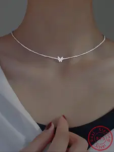 1 S925 Sterling Silver Collarbone Chain Sweet Elegant Set With Zircon Gemstones Butterfly Pendant Necklace For Women Girlfriend Birthday Valentine Day Gift