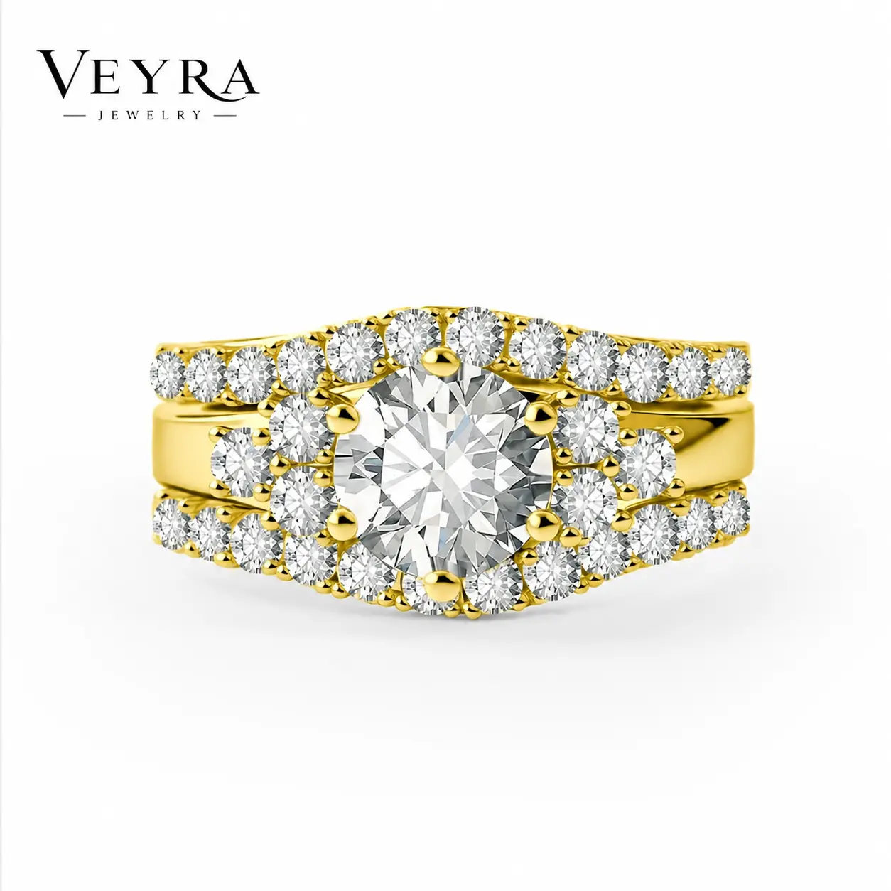 VEYRA 2ct Moissanite Bridal Ring Set for Women, Triple Stackable Engagement Wedding Promise Rings, VVS Synthetic Stone Copper Band everyday style fashionable jewelry luxurious elegant valentine