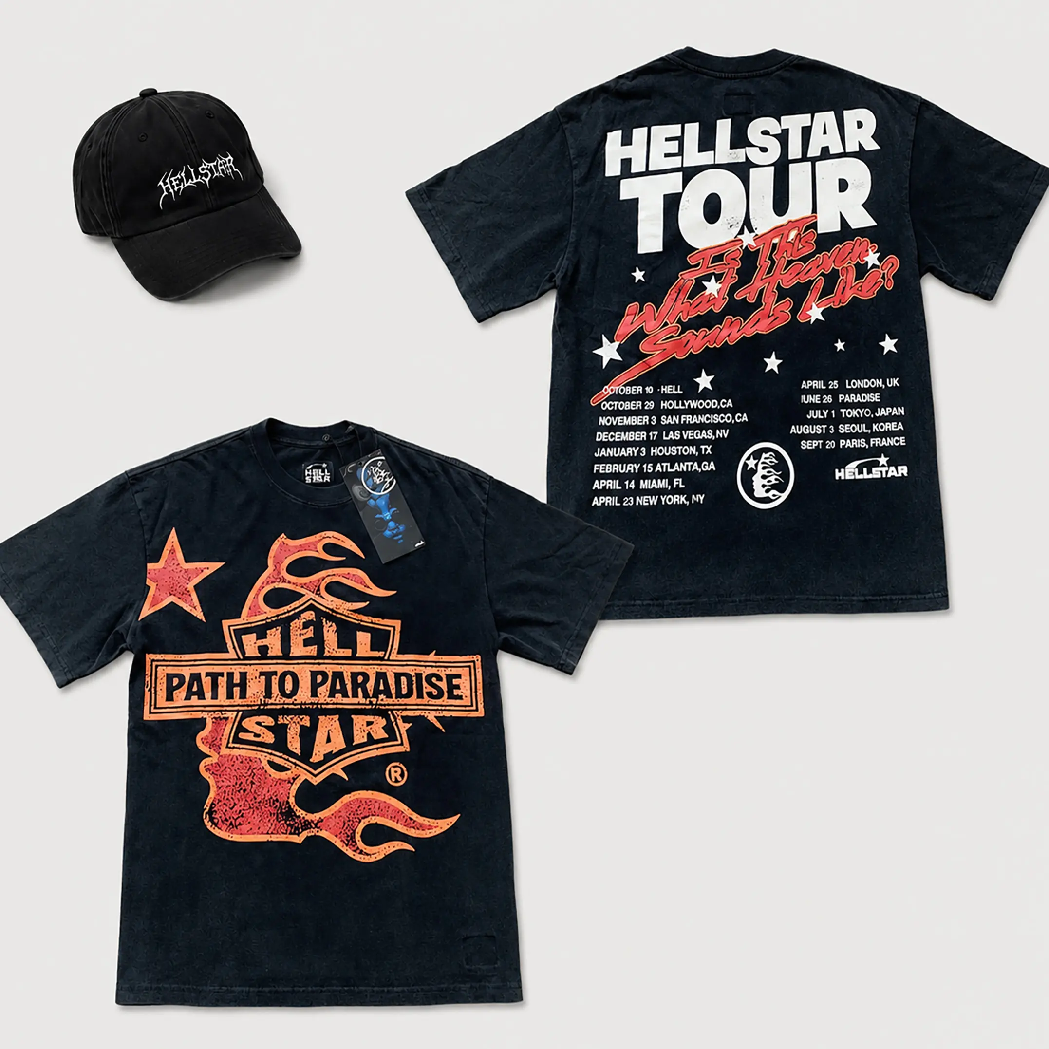 Hellstar Graphic T Shirt Heavyweight Cotton Oversized Crew Neck Short Sleeve Tee Washed Black Front Back Print Y2K Streetwear Rock Concert Summer Casual Party Festival Men Women Unisex Teens Adults