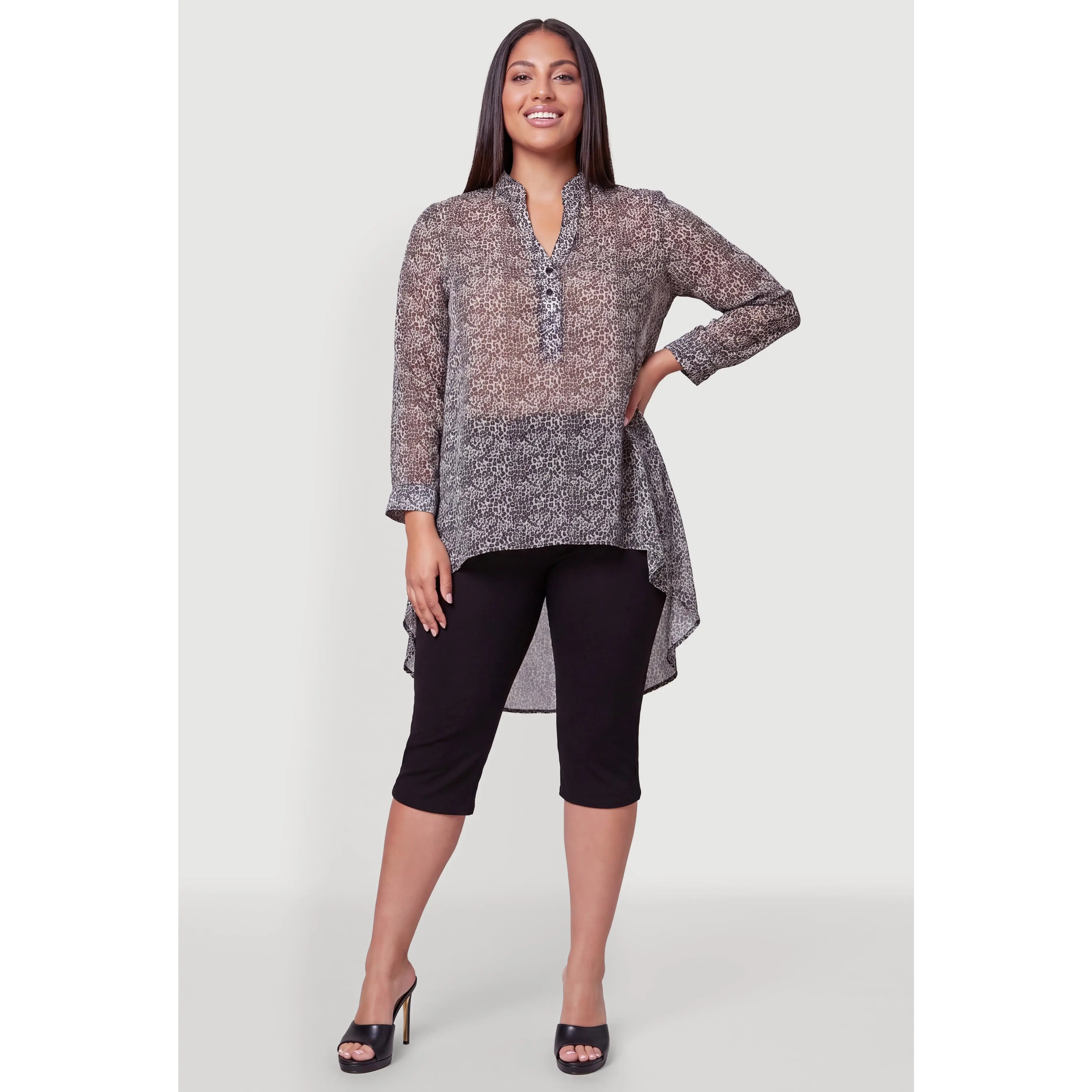 Plus Size Chiffon Leopard Print High Low Blouse