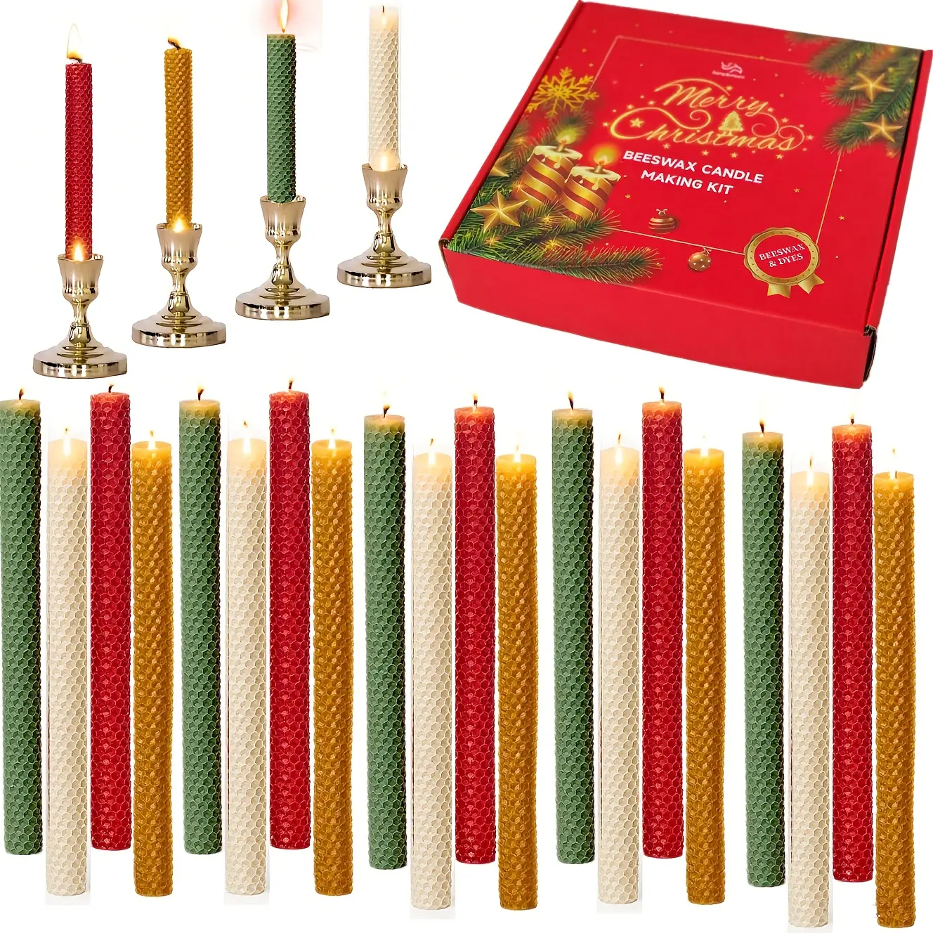 20 Pack Handmade Beeswax Taper Candles, Christmas Themed (Red/Green/Gold/White), Honeycomb Pattern, Premium Dinner Candles, Perfect for Christmas, Halloween, Holiday Decor, & Gift Set with Festive Gift Box,  mirabel candle holder decoration
