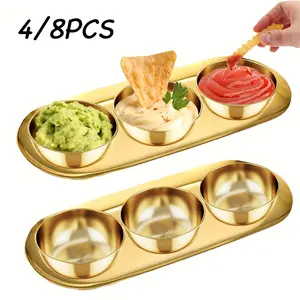 Set of 4/8 Luxurious Golden Stainless Steel Sauce Bowls And Trays, High-End Condiment And Dessert Plates, Dipping Bowls for Sushi, Serving Trays, Snack Plates, And Storage Dishes - Perfect for Festive Serving During Ramadan, Thanksgiving, New Year