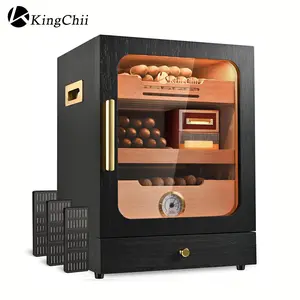 KingChii Spanish Cedar Storage Cabinet with 3 Color LED Lighting and Built in Hygrometer 100 Counts Capacity Matte Black Countertop Humidor Box