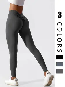 Women's Solid Ruched High Waist Sports Leggings, Butt Lift Yoga Pants, High Stretch Seamless Gym Leggings, Ladies Sportswear for Indoor Outdoor Wear, Tummy Control, Skinny Yoga Bottoms, Scrunch Sports Leggings