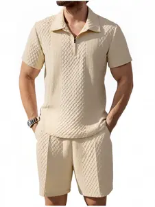Men's stylish casual jacquard half zip polo set. The perfect fusion of waffle pattern and casual feel. A blend of retro design and modern streetwear.