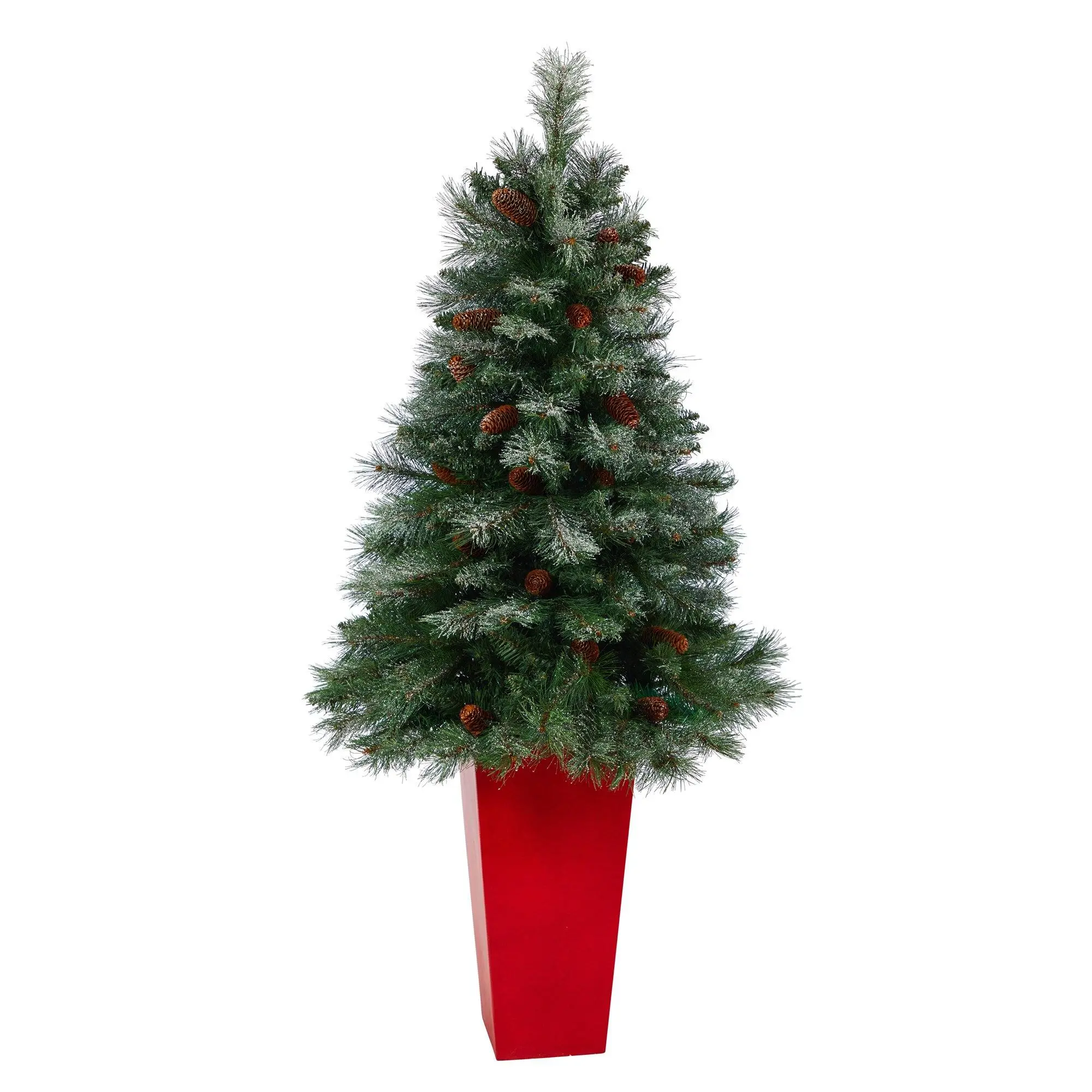 55-Inch Giant Artificial Specialty Tree Decor - French Alps Snowed Mountain Pine Holiday Decoration with 237 Bendable Branches, Pine Cone Ornaments, Red Tower Planter, Faux Leaves Specialty Tree Decor