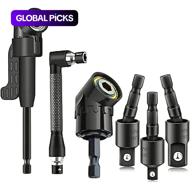 6-Piece Right Angle Drill Attachment Set, Includes 3 360° Rotatable Socket Adapters, 2 Hex Shank Drill Adapters and 90° Bevel Drill Bits, Impact Grade Power Drill Tool Accessories #GLOBAL PICKS