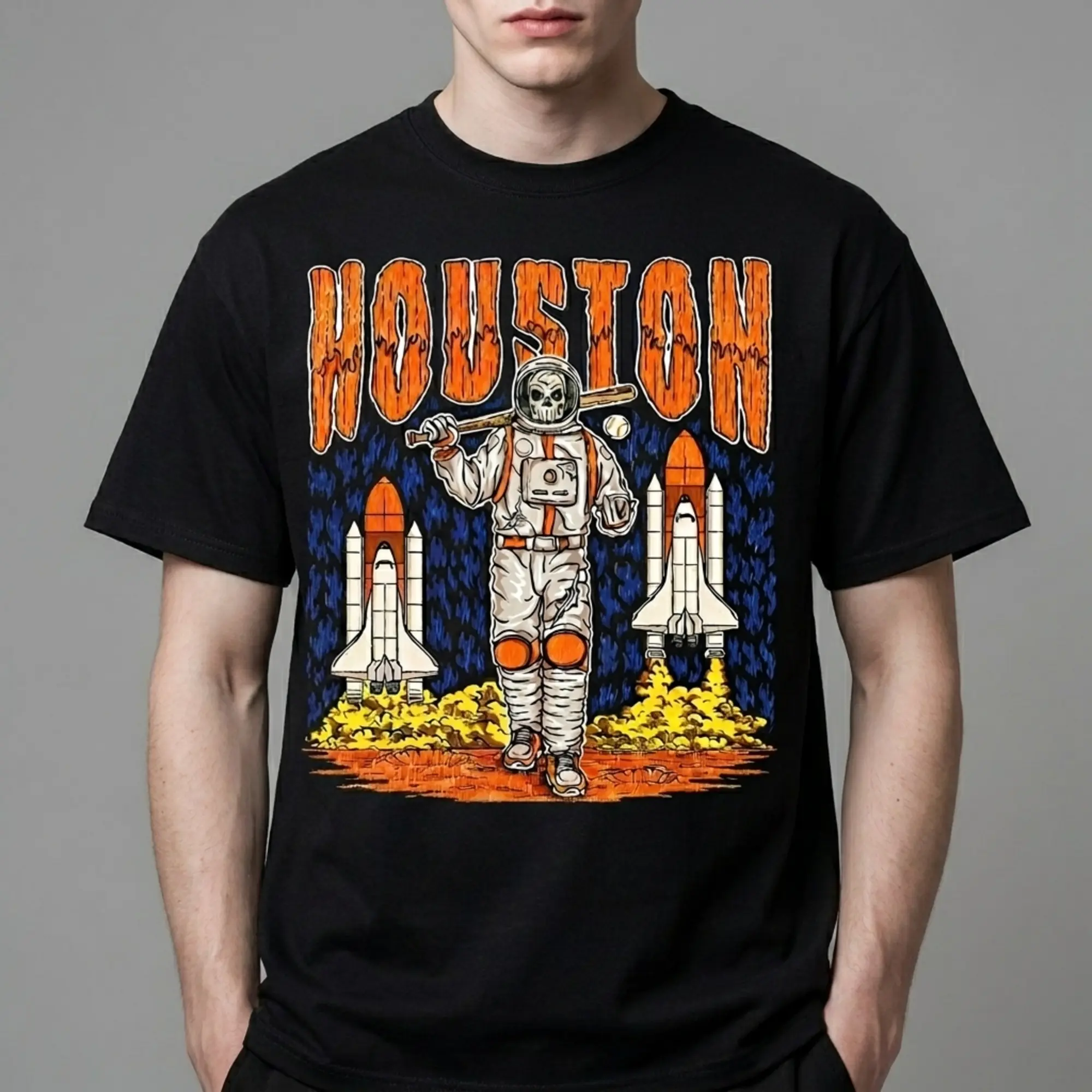 [Sale Up To 50%] Fire Skeleton Houston Baseball T-Shirt, Mascot Baseball Shirt, Houston Baseball Game Day Graphic Tee, Astros Baseball Fan Streetwear