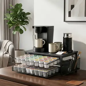 Double Layer Coffee Pod Storage Drawer Kitchen Coffee Essential Accessory Space Saving Easy to Assemble Stable Durable Coffee Machine Stand Countertop Organizer for Daily Coffee Prep Home Kitchen Organization Office Break Room Use for Coffee Lovers H
