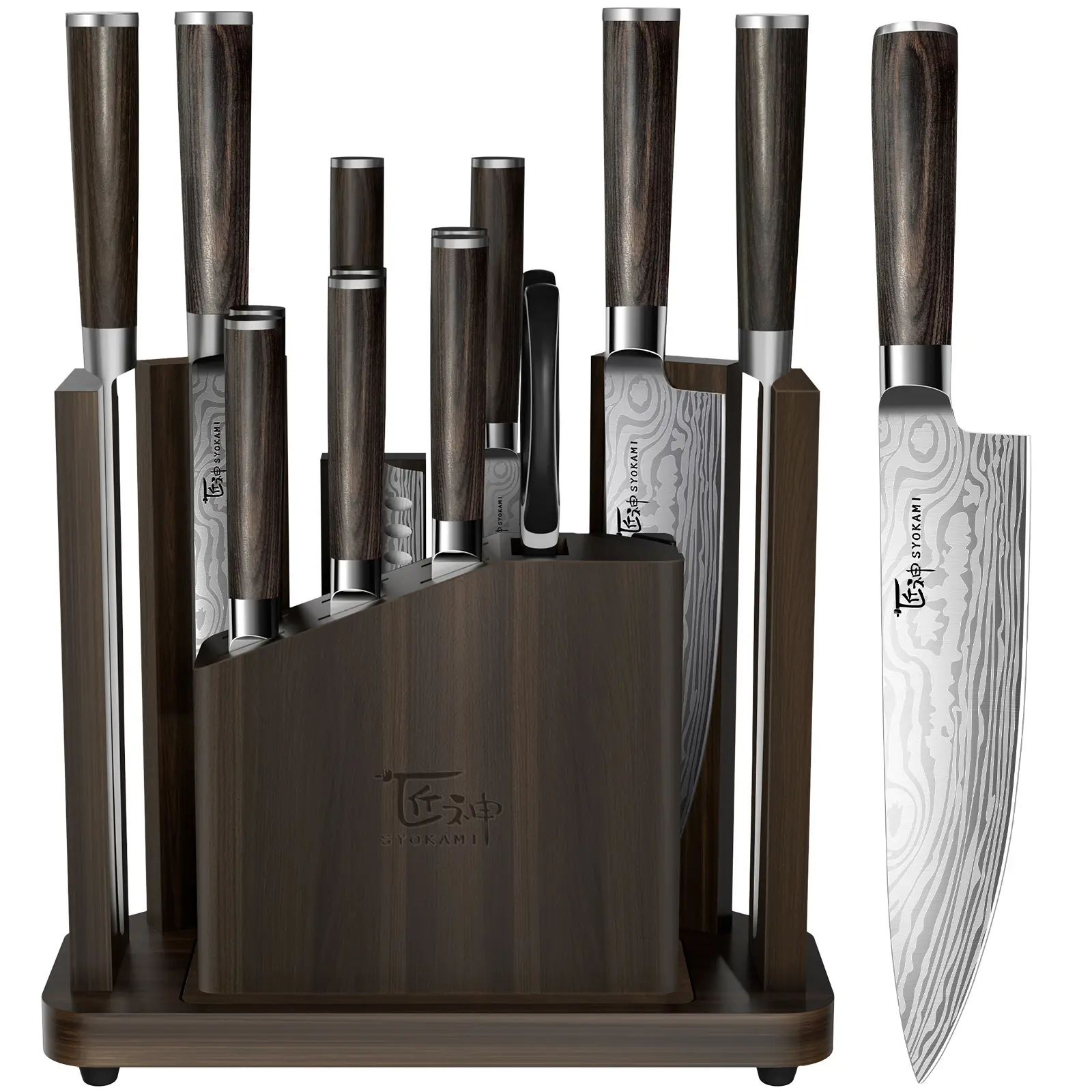 SYOKAMI 15-Piece Kitchen Knife Set with Magnetic Block, Detachable Steak Knife Block for Table Service, Built-In Sharpener, Wood Handle, Damascus Pattern, Housewarming Gifts