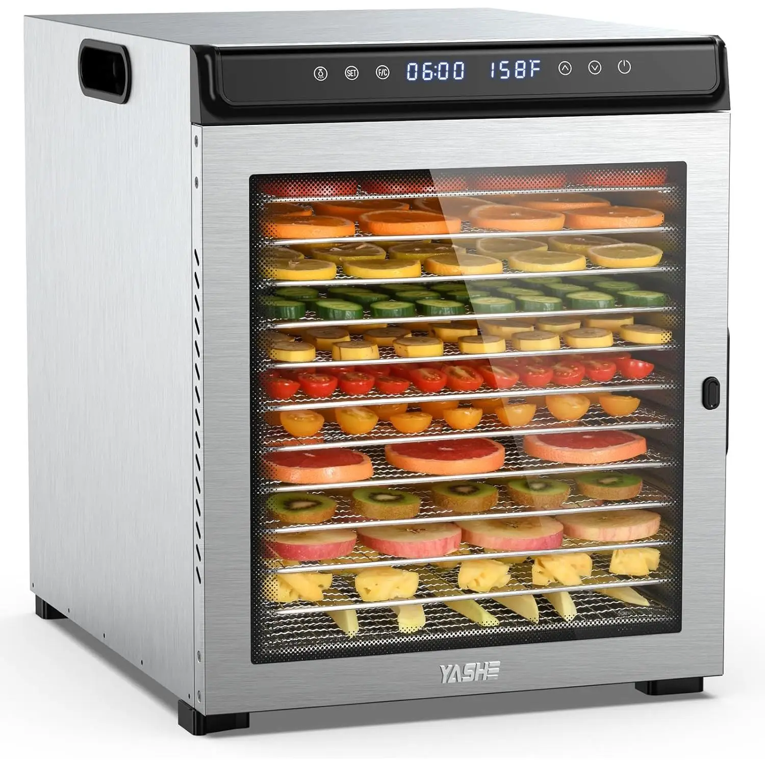 YASHE Food Dehydrator Machine, 12 Stainless Steel Food Dryer, 1300W save more time,for Food and Jerky, Herbs, Meat, Fruit, Dog Treats, 72H Timer and T