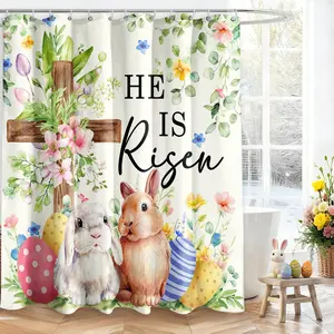 Spring Easter Bunny Shower Curtains for Bathroom He is Risen Rabbit Shower Curtain Spring Easter Home Bath Decor Waterproof Fabric with Hooks