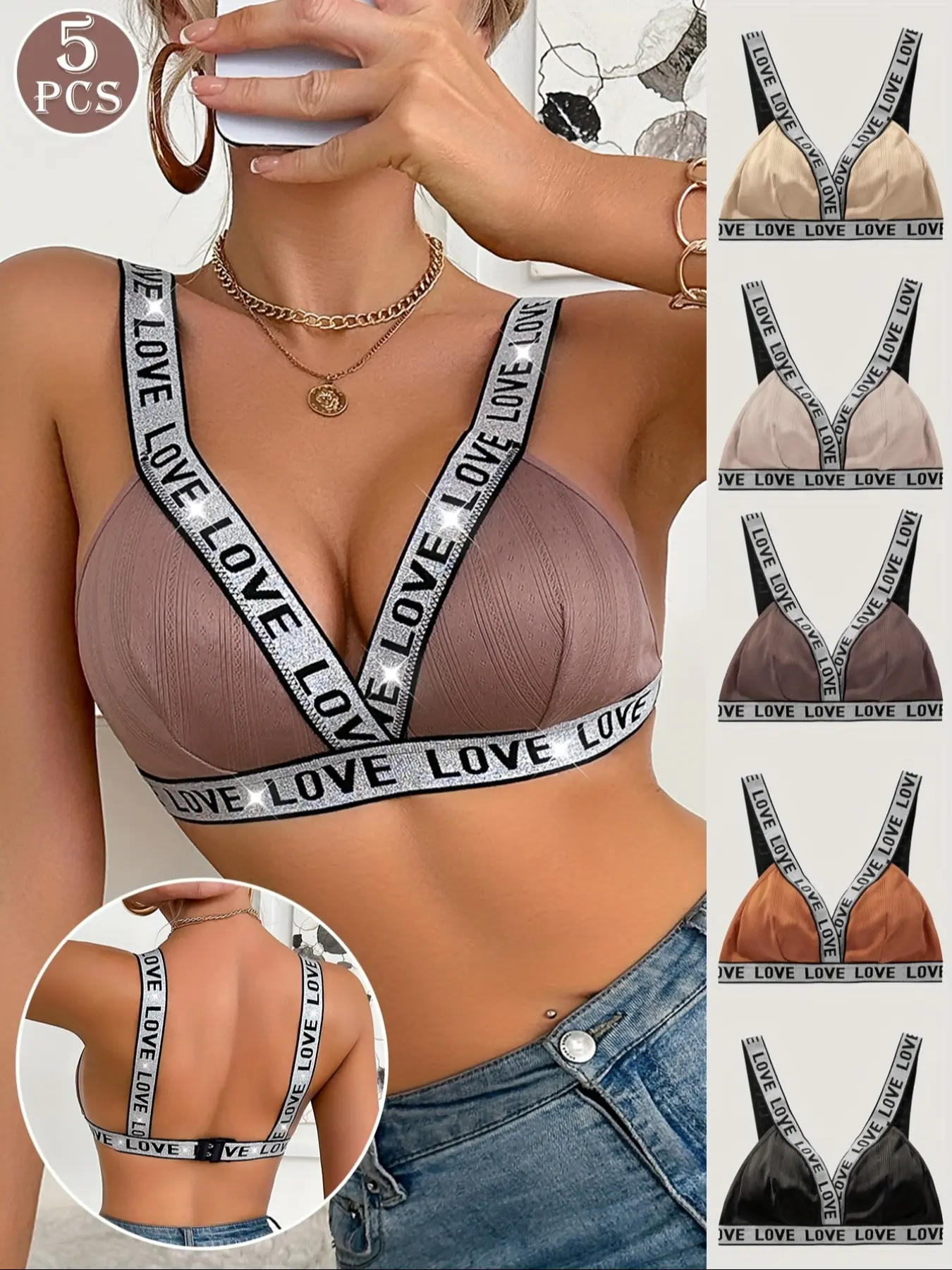 Women's Underwear Set No Steel Cup No Underwire Letter Silver Color Ribbon Design Comfortable Bra, 5-Piece Pack, Soft & Breathable, Unlined Breathable Bra, Breathable Comfy Bra, Breathable Bralettes