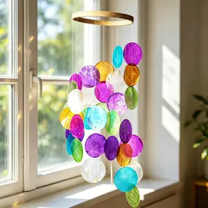 Wind Chimes Outdoor Decor, Metal Memorial Windchimes  Decoration for Garden  Yard and Christmas Tree, 19.6''Rainbow Capiz Seashell  Painted Coastal Mobile