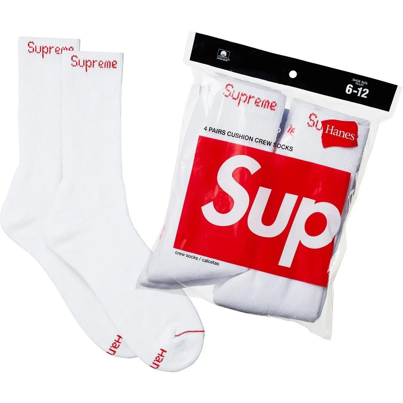 Supreme Cushion Crew Socks 4 Pack White Red Logo Cotton Mid Calf Athletic Tube Socks Men