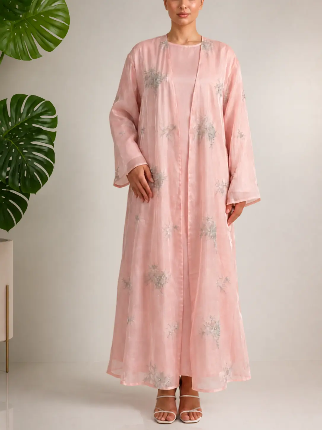 Premium Beige Sequin Embellished Abaya in Shimmer Organza Fabric with Handcrafted Beaded Embroidery for Festive Party Wear