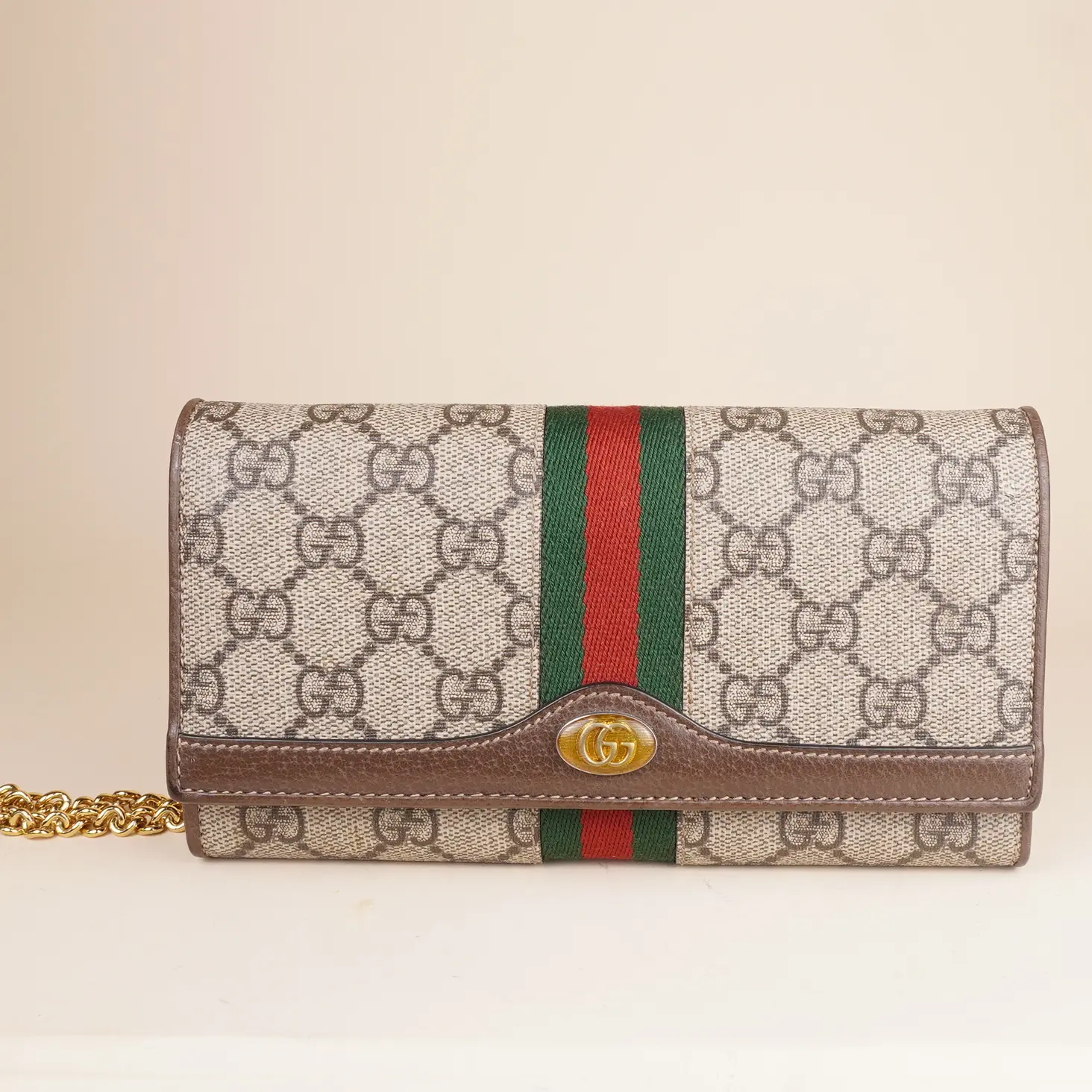 Pre-owned GUCCI Canvas Crossbody Bags Beige GG Supreme Monogram Web Ophidia Chain Wallet