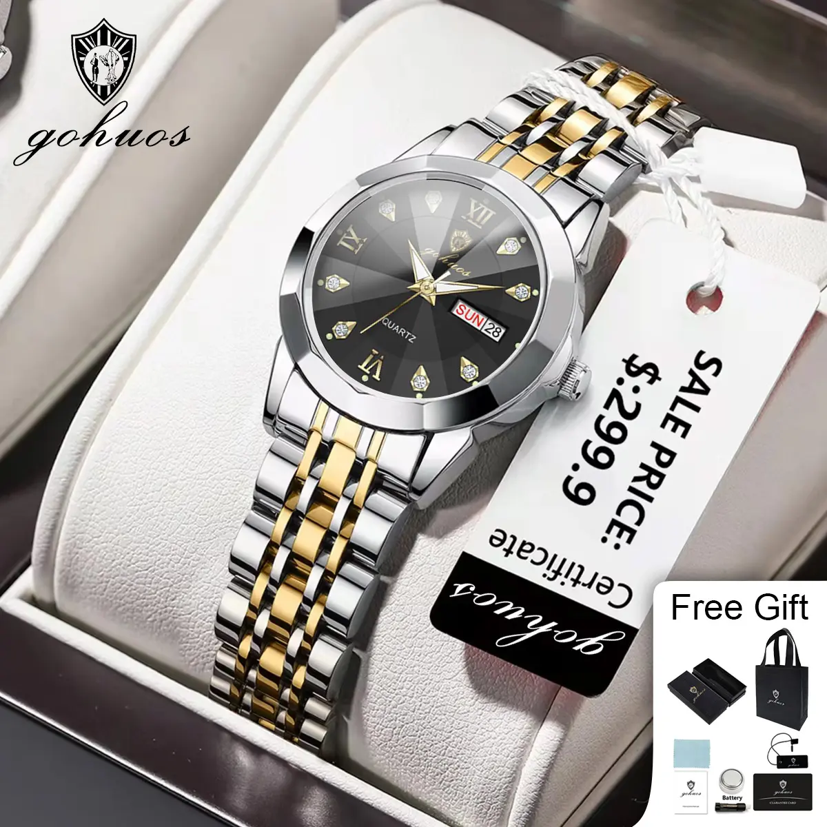 GOHOUS Luxury Woman's Quartz Watch Waterproof Luminous Date Week Ladies Casual Watch Stainless Steel Elegant Women Watches