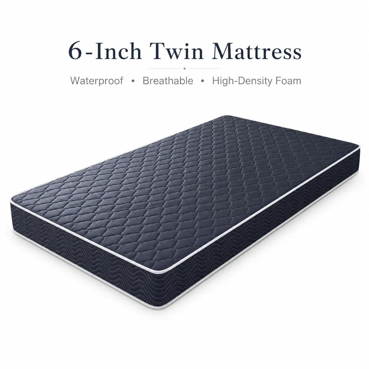 6-Inch Waterproof Foam Mattress, Twin or Full Size, Navy Blue Diamond-Quilted Breathable High-Density Foam Mattress for Bedroom, Guest Room & Dorm