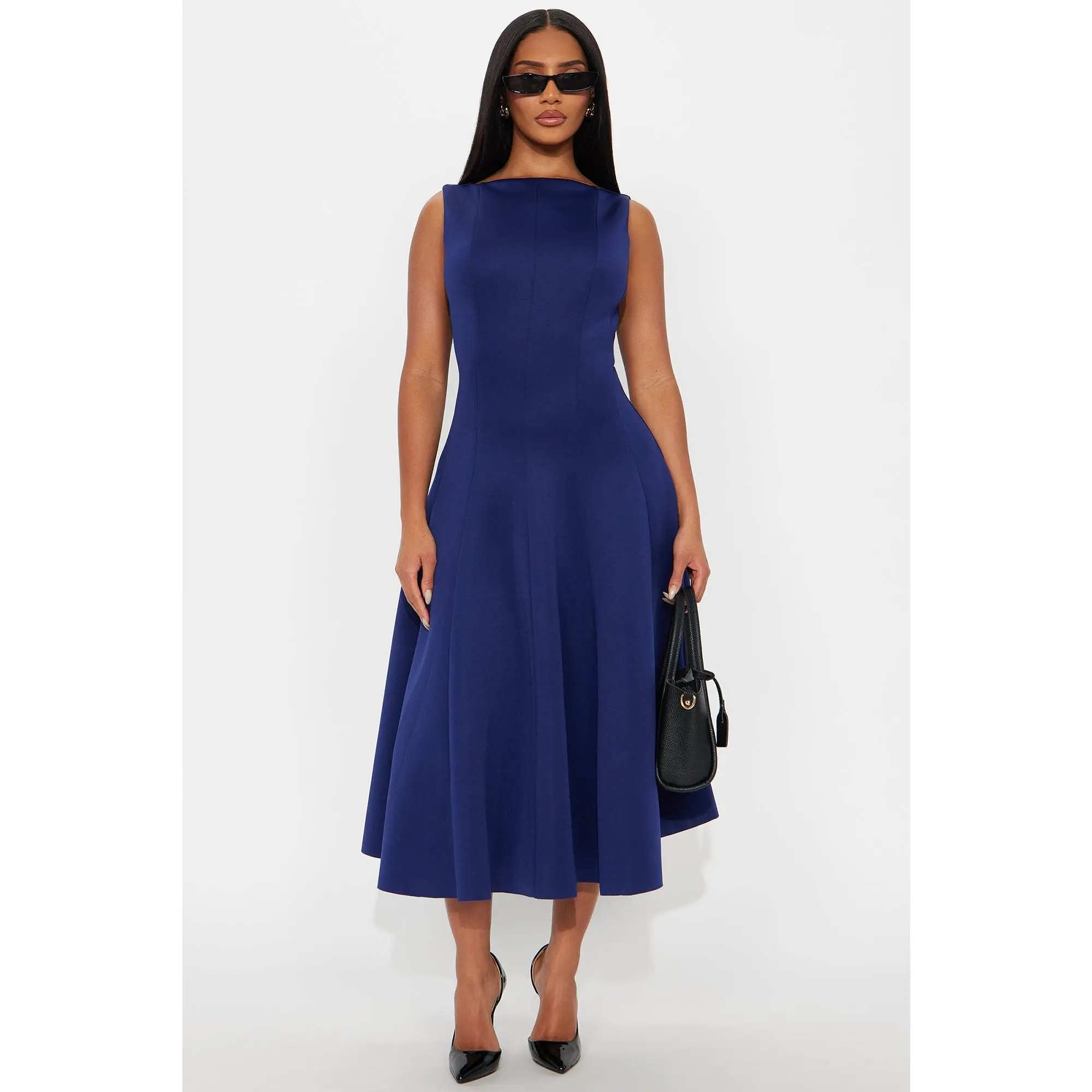 Sweet Sunday Pleated Midi Dress - Navy