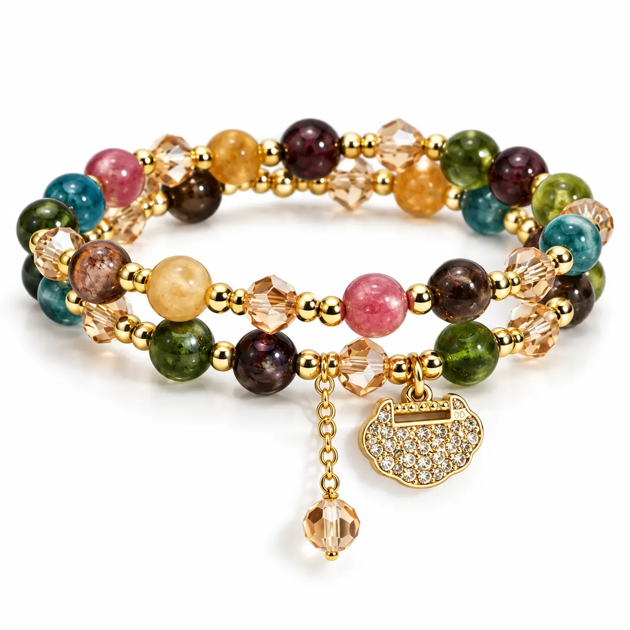 Double-Strand Beaded Bracelet with Lock-Shaped Pendant, Unisex Stone-Style Bead Jewelry with Layered Design for Everyday Wear, Casual Outfits and Gift Giving