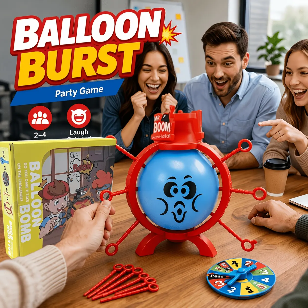 Explosion Balloon Bomb board game, Bobo Sir challenge balloon-popping toy with spinner, for 2–4 players—family gatherings, team building, pranks; fun tabletop party game gift for adults and children.