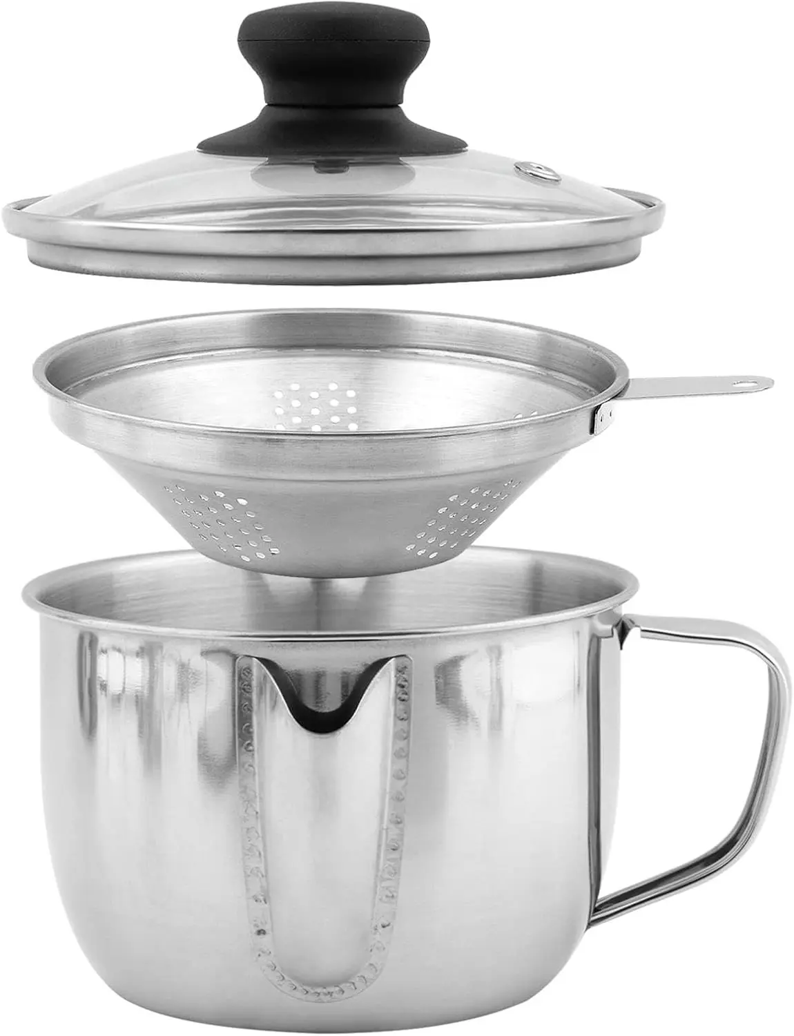 Stainless Steel Fat Separator Gravy Boat 1L/4 Cup with Strainer & Glass Lid | Two-Way Outlet, Fine Strainer & Glass Lid, Induction Safe, For Home Cooking
