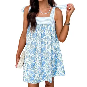 Mntaor Women’s Cute & Chic Sky Blue  Mini Dress- Striped Panel + Floral Print, Bow Tie Shoulder Straps,Great for Picnics, Vacation & Casual Outings