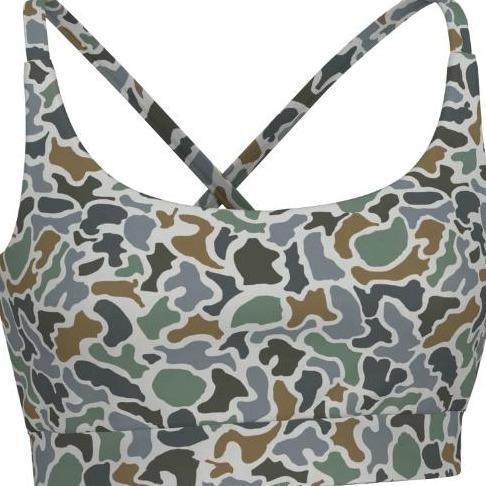 Women's Camouflage Print Sports Bra, Crisscross Back Fun Yoga Fitness Bra with Medium Support, Breathable Stretchy Workout Bra for Gym, Yoga, Running & Daily Active Wear, Trendy Camo Activewear Top