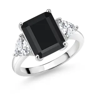 Gem Stone King 5-7 Cttw Gemstone Birthstone 3-Stone Ring For Women In 925 Sterling Silver | Emerald Cut 12X10MM | Trillion 5X5MM | Wedding Anniversary Promise Ring | Sizes 5, 6, 7, 8, 9
