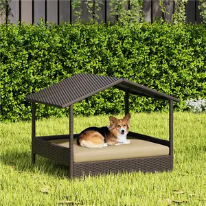 Yaheetech Colling Rattan Dog House, Outdoor Elevated Dog/Cat/Rabbit Bed with Canopy and Foam Cushion, Raised Pet House for Indoor and Outdoor