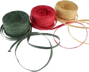 CREATRILL 3 Rolls Red Green Kraft 1/4" by 492 Feet Raffia Ribbon/String, 164 Feet Each Roll, Packing Paper Twine for Christmas