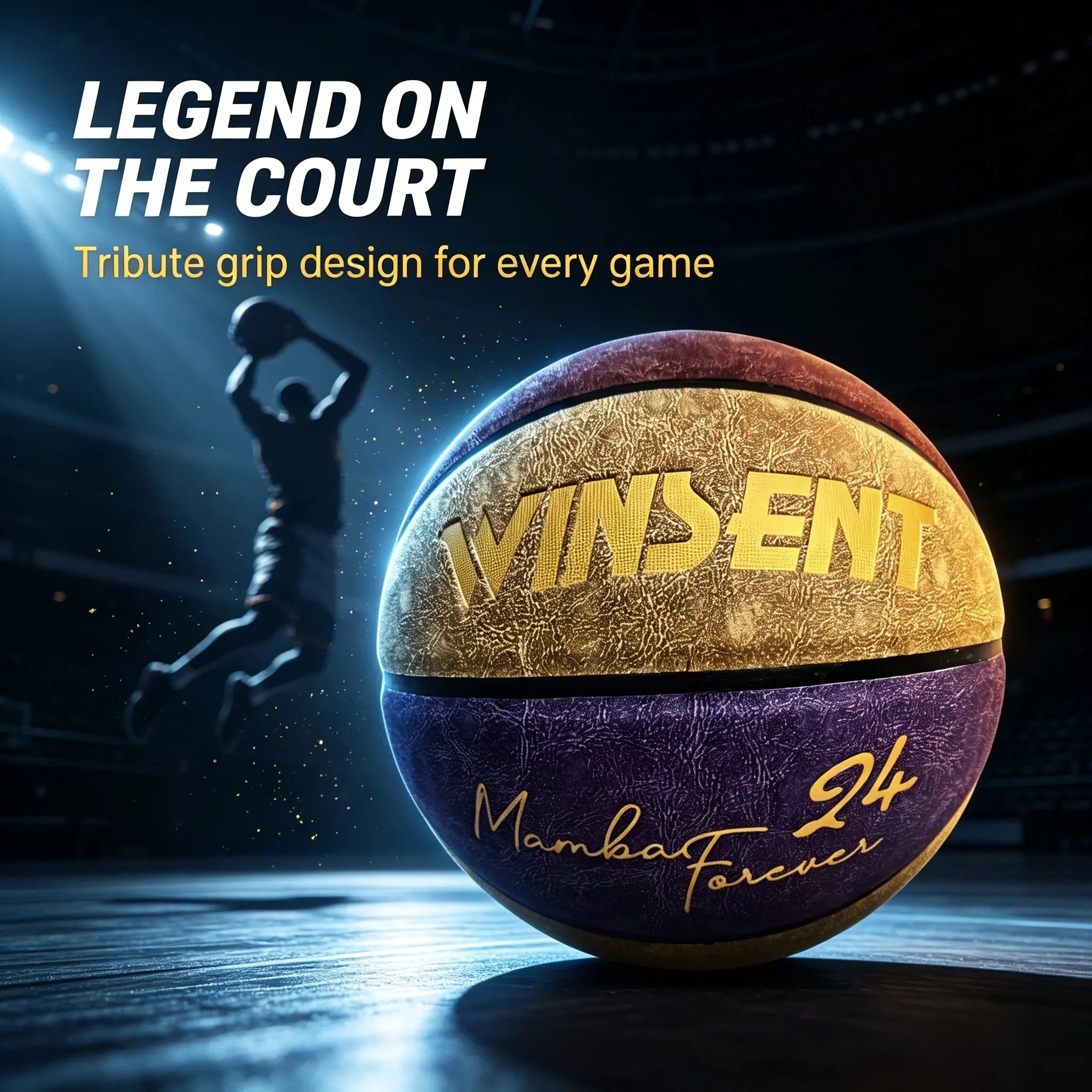 WINSENT Mamba Forever 24 Basketball, Size 7 Suede Composite Leather Basketball, Indoor Outdoor Anti-Slip Game Ball Purple Gold Tribute Basketball Gift