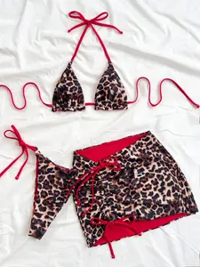 2026 New Sexy Leopard Print Halter Neck Bikini Three-Piece Set, High Waist Skirt Style, Conceals Fat, Slimming Beach Vacation Summer Swimsuit Set for Women